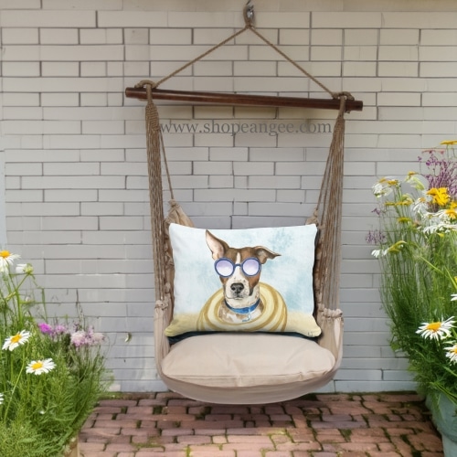 In a sunlit patio lounge a multi colored outdoor swing crafted by the artisans of Magnolia Casual called the Swing Set 4 piece Latte Solid w/ Cool Dog is displayed featuring 100 percent weather resistant fabric, weather resistant polyester fabric, handcrafted adding comfort and style to the space featuring with a dog motif.