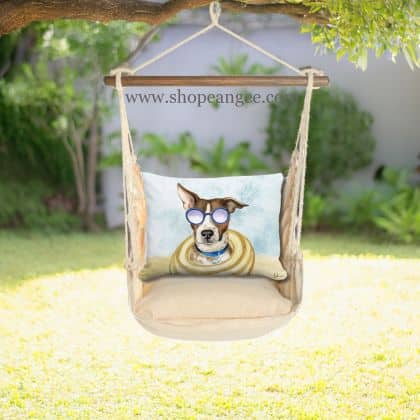 In a sunlit patio lounge a multi colored outdoor swing crafted by the artisans of Magnolia Casual called the Swing Set 4 piece Magnolia Stripe w/ Cool Dog is displayed featuring 100 percent weather resistant fabric, weather resistant polyester fabric, handcrafted adding comfort and style to the space featuring with a magnolia motif.