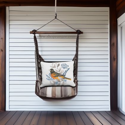 In a shaded porch swing a gray outdoor swing crafted by the artisans of Magnolia Casual called the Swing Set 4 piece Slate Gray Stripe w/ Oriole is displayed featuring 100 percent weather resistant fabric, weather resistant polyester fabric, handcrafted adding comfort and style to the space featuring with a stripe motif and shades of gray.