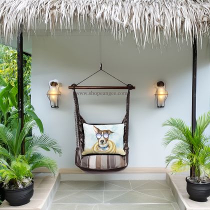 In an outdoor reading nook a gray outdoor swing crafted by the artisans of Magnolia Casual called the Swing Set 4 piece Slate Gray Stripe w/ Cool Dog is displayed featuring 100 percent weather resistant fabric, weather resistant polyester fabric, handcrafted adding comfort and style to the space featuring with a stripe motif and shades of gray.