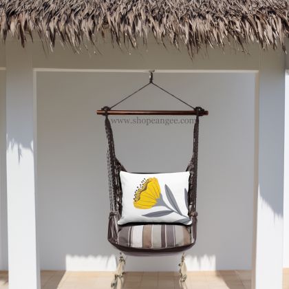 In an outdoor reading nook a yellow outdoor swing crafted by the artisans of Magnolia Casual called the Swing Set 4 piece Slate Gray Stripe w/ Yellow Poppy is displayed featuring 100 percent weather resistant fabric, weather resistant polyester fabric, handcrafted adding comfort and style to the space featuring with a stripe motif and shades of gray and yellow.