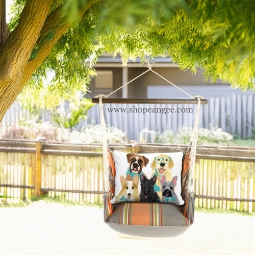 In a sunlit patio lounge a multi colored outdoor swing crafted by the artisans of Magnolia Casual called the Swing Set 4 piece Serene Sunset w/ Dog Portrait is displayed featuring 100 percent weather resistant fabric, weather resistant polyester fabric, handcrafted adding comfort and style to the space featuring with a dog motif.