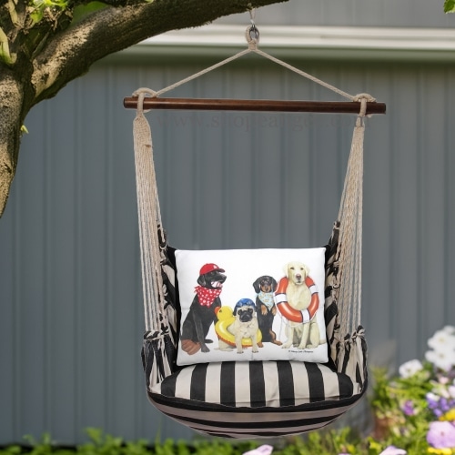 In a coastal inspired deck chair a black outdoor swing crafted by the artisans of Magnolia Casual called the Swing Set 4 piece True Black Stripe w/ Dogs of Summer is displayed featuring 100 percent weather resistant fabric, weather resistant polyester fabric, handcrafted adding comfort and style to the space featuring with a stripe motif and shades of black.