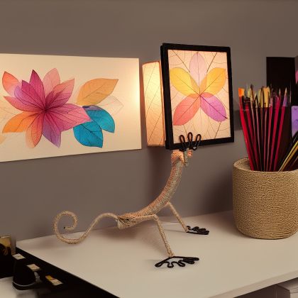 In a coastal inspired living room, crafted by the artisans of Eangee Home Design, the Enlightened Gecko Table Lamp in multi color stands gracefully, featuring fossilized cocoa leaf shade, guyabano leaf shade, abaca rope accents, wrought iron frame, handcrafted, adding warmth and character to the space.