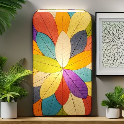 Crafted by the artisans of Eangee Home Design, the Sunburst Giant Floor Lamp in multi color against a clean backdrop, featuring fossilized cocoa leaf shade, fair trade, handcrafted.