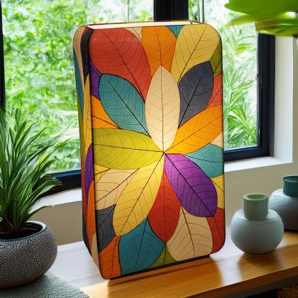 Sunburst?pattern table lamp crafted by Eangee Home Design featuring radial multi color fossilized leaf panels over wrought iron; sculptural burst design comes to life as inviting light glows through translucent cocoa leaves; fair?trade craftsmanship using sustainable resources