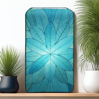 Sunburst?pattern table lamp crafted by Eangee Home Design featuring radial sea blue fossilized leaf panels over wrought iron; sculptural burst design comes to life as ambient light spills through the natural leaf veins; sustainably handcrafted by skilled artisans