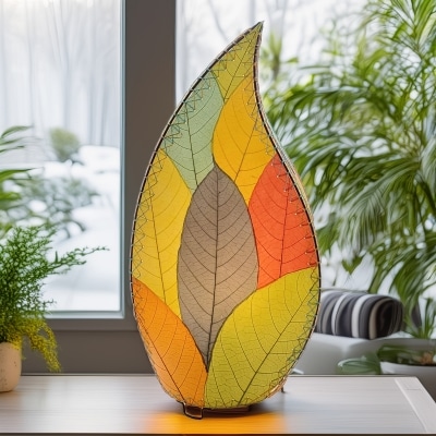 In a sun drenched entryway, crafted by the artisans of Eangee Home Design, the 24 Inch Leaflet Lamp in multi color stands gracefully, featuring fossilized cocoa leaf shade, abaca rope accents, wrought iron frame, handcrafted, adding warmth and character to the space.