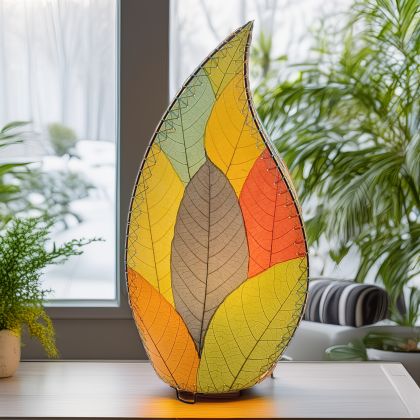 In a sun drenched entryway, crafted by the artisans of Eangee Home Design, the 24 Inch Leaflet Lamp in multi color stands gracefully, featuring fossilized cocoa leaf shade, abaca rope accents, wrought iron frame, handcrafted, adding warmth and character to the space.