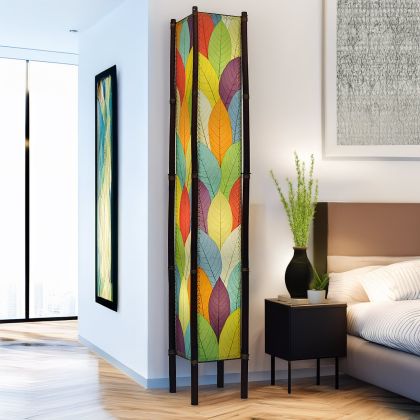 In a quiet bedside corner, crafted by the artisans of Eangee Home Design, the Fortune Giant Floor Lamp in multi color stands gracefully, featuring fossilized cocoa leaf shade, abaca rope accents, rattan leg supports, wrought iron frame, eco friendly, adding warmth and character to the space.