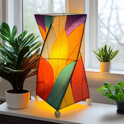 Twisted cube table lamp crafted by Eangee Home Design clad in vertical multi color fossilized cocoa leaves; 90?degree rotation adds dynamism while glowing light filters through every vein; artisan?made from sustainable materials