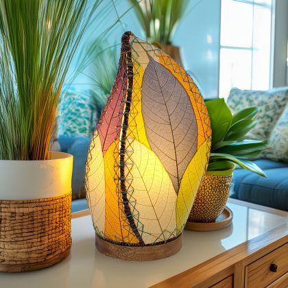 Crafted by the artisans of Eangee Home Design, the Leaflet Table Lamp in multi color against a clean backdrop, featuring fossilized cocoa leaf shade, abaca rope accents, reclaimed mango wood base, wrought iron frame, sustainably sourced.