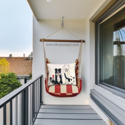 Multi colored outdoor swing crafted by the artisans of Magnolia Casual called the Swing Set 4 piece Americana Stripe w/ Dog and Farm Animals featuring 100 percent weather resistant fabric, weather resistant polyester fabric, handcrafted shown against a clean backdrop featuring with a stripe motif.