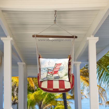 Red outdoor swing crafted by the artisans of Magnolia Casual called the Swing Set 4 piece Americana Stripe w/ Red Beach Chair featuring 100 percent weather resistant fabric, weather resistant polyester fabric, handcrafted shown against a clean backdrop featuring with a stripe motif and shades of red.