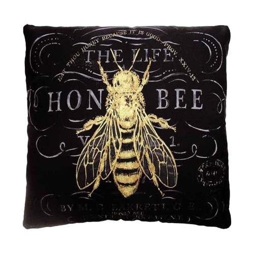 Multi colored outdoor pillow crafted by the artisans of Magnolia Casual called the Outdoor Pillow Vintage Bee 18x18 featuring 100 percent weather resistant fabric, weather resistant polyester fabric shown against a clean backdrop featuring with a bee motif.