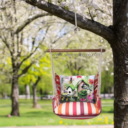 In a coastal inspired deck chair a multi colored outdoor swing crafted by the artisans of Magnolia Casual called the Swing Set 4 piece Cristina Stripe w/ Garden Birdhouses is displayed featuring 100 percent weather resistant fabric, weather resistant polyester fabric, handcrafted adding comfort and style to the space featuring with a stripe motif.