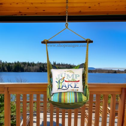 In a cozy garden seating area a multi colored outdoor swing crafted by the artisans of Magnolia Casual called the Swing Set 4 piece Citrus Stripe w/ Go Jump in Lake is displayed featuring 100 percent weather resistant fabric, weather resistant polyester fabric, handcrafted adding comfort and style to the space featuring with a stripe motif.