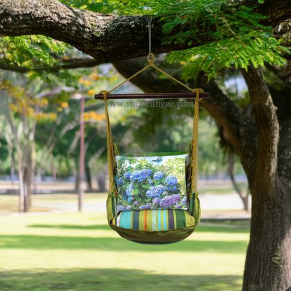 In a coastal inspired deck chair a multi colored outdoor swing crafted by the artisans of Magnolia Casual called the Swing Set 4 piece Citrus Stripe w/ Hydrangeas and Butterfly is displayed featuring 100 percent weather resistant fabric, weather resistant polyester fabric, handcrafted adding comfort and style to the space featuring with a stripe motif.