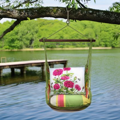 In a shaded porch swing a pink outdoor swing crafted by the artisans of Magnolia Casual called the Swing Set 4 piece Fresh Lime Stripe w/ Zinnias Pink is displayed featuring 100 percent weather resistant fabric, weather resistant polyester fabric, handcrafted adding comfort and style to the space featuring with a stripe motif and shades of lime and pink.