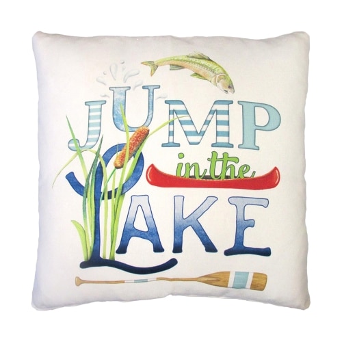 Multi colored outdoor pillow crafted by the artisans of Magnolia Casual called the Outdoor Pillow Jump in Lake 18x18 featuring quality outdoor fabric shown against a clean backdrop.