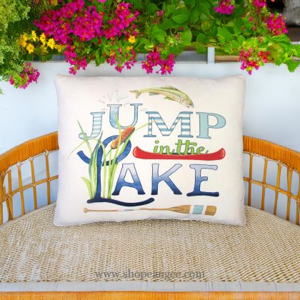 In a coastal inspired deck chair a multi colored outdoor pillow crafted by the artisans of Magnolia Casual called the Outdoor Pillow Jump in Lake 19x24 is displayed featuring quality outdoor fabric adding comfort and style to the space.