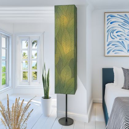 Sequoia Giant Floor Lamp in green by Eangee Home Design - tall rectangular column wrapped in fossilized cocoa leaf panels hand-stitched to a powder-coated frame; glows warm green light that brings a fresh, natural vibe indoors.