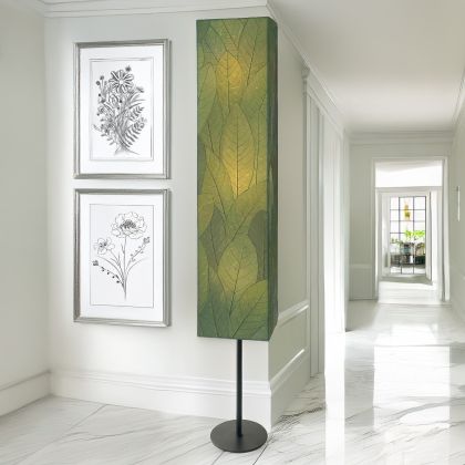 Sequoia Giant Floor Lamp in green by Eangee Home Design - tall rectangular column wrapped in fossilized cocoa leaf panels hand-stitched to a powder-coated frame; softly  glows warm green light that brings a fresh, natural vibe indoors.