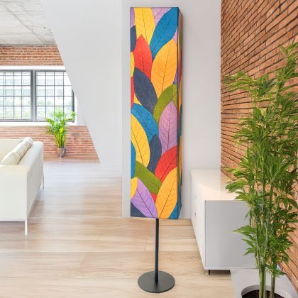 Sequoia Giant Floor Lamp in multicolor by Eangee Home Design - tall rectangular column wrapped in patchwork of vibrant fossilized cocoa leaf panels in bold hues; radiates colorful light that enlivens neutral spaces with artistic energy.