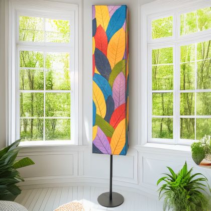 Sequoia Giant Floor Lamp in multicolor by Eangee Home Design - tall rectangular column wrapped in patchwork of vibrant fossilized cocoa leaf panels in bold hues; softly  radiates colorful light that enlivens neutral spaces with artistic energy.