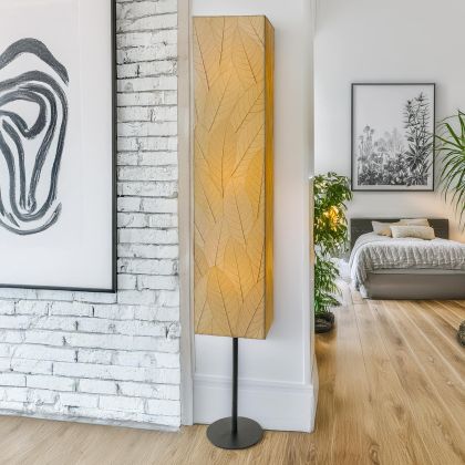 Sequoia Giant Floor Lamp in natural by Eangee Home Design - tall rectangular column wrapped in fossilized cocoa leaf panels hand-stitched to a powder-coated frame; softly  diffuses gentle amber light for understated organic warmth.