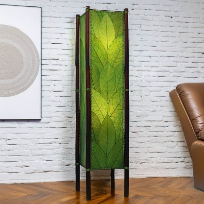 Green Fortune square floor lamp of cocoa leaves and bamboo frame, organic tower light adding fresh glow to brick wall space by Eangee Home Design