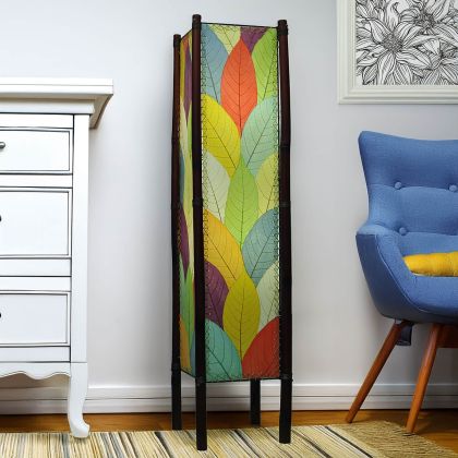 Multicolor Fortune cocoa leaf floor lamp on bamboo frame, bright artistic pillar casting playful ambient light by Eangee Home Design