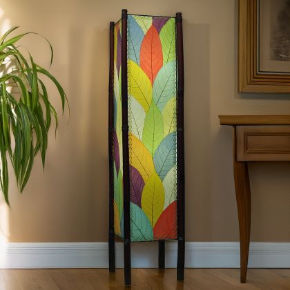 Multicolor Fortune square floor lamp, rainbow cocoa leaf panels stitched with abaca on bamboo legs, vibrant accent lighting by Eangee Home Design