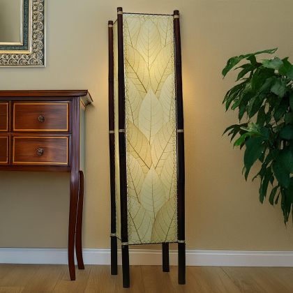 Natural Fortune cocoa leaf floor lamp on bamboo frame, elegant neutral pillar lighting traditional room by Eangee Home Design