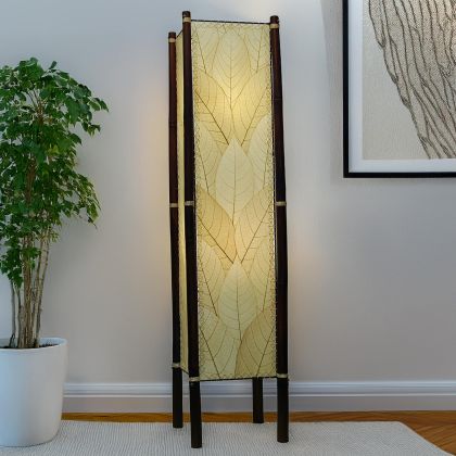 Natural Fortune square floor lamp, beige cocoa leaf panels on bamboo legs with abaca detail, warming space with soft glow by Eangee Home Design