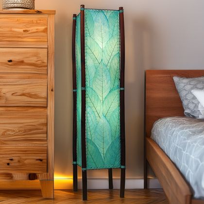 Sea blue Fortune square floor lamp of cocoa leaves on bamboo frame, bedside accent radiating calm ambient light by Eangee Home Design