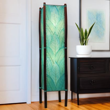 Sea blue Fortune square floor lamp, fossilized cocoa leaf panels with bamboo legs and abaca stitching, casting serene glow by Eangee Home Design