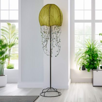 Green Jellyfish Large Floor Lamp by Eangee Home Design - dome shade formed from fossilized cocoa leaves with iron tendril 'tentacles' dotted by glass beads; softly illuminates while bringing coastal whimsy.