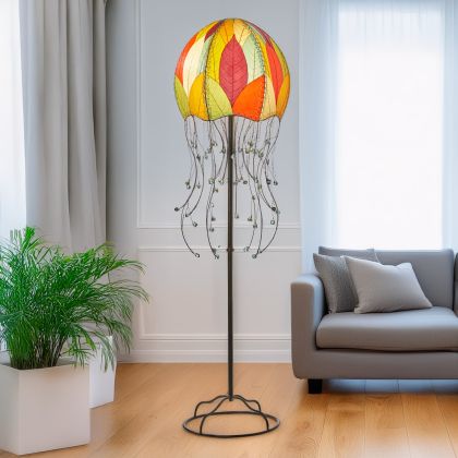 Multicolor Jellyfish Large Floor Lamp by Eangee Home Design - dome shade formed from fossilized cocoa leaves with iron tendril 'tentacles' dotted by glass beads; sends a serene leaf?filtered light while introducing playful underwater character.