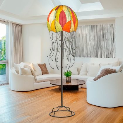 Multicolor Jellyfish Large Floor Lamp by Eangee Home Design - dome shade formed from fossilized cocoa leaves with iron tendril 'tentacles' dotted by glass beads; casts a warm organic glow while evoking the movement of a drifting jellyfish.