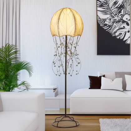 Natural Jellyfish Large Floor Lamp by Eangee Home Design - dome shade formed from fossilized cocoa leaves with iron tendril 'tentacles' dotted by glass beads; gently glows while adding sculptural ocean?inspired motion.