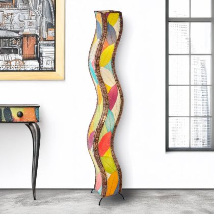 Multicolor Wave Giant Floor Lamp by Eangee Home Design - curving tower of overlapping red, yellow, teal, and orange leaves; softly glows to create an artistic focal point against gallery?white walls.