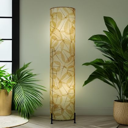 Natural Sequoia cocoa leaf cylinder lamp, eco-friendly floor light glowing softly amid indoor plants, calming style by Eangee Home Design