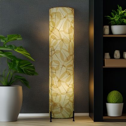 Natural Sequoia tall floor lamp, neutral cocoa leaf shade on sturdy iron stand, warms modern nook with earthy light by Eangee Home Design