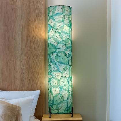 Sea blue Banyan cylinder lamp handcrafted from banyan leaves and abaca, bedside accent casting soft ambient light by Eangee Home Design