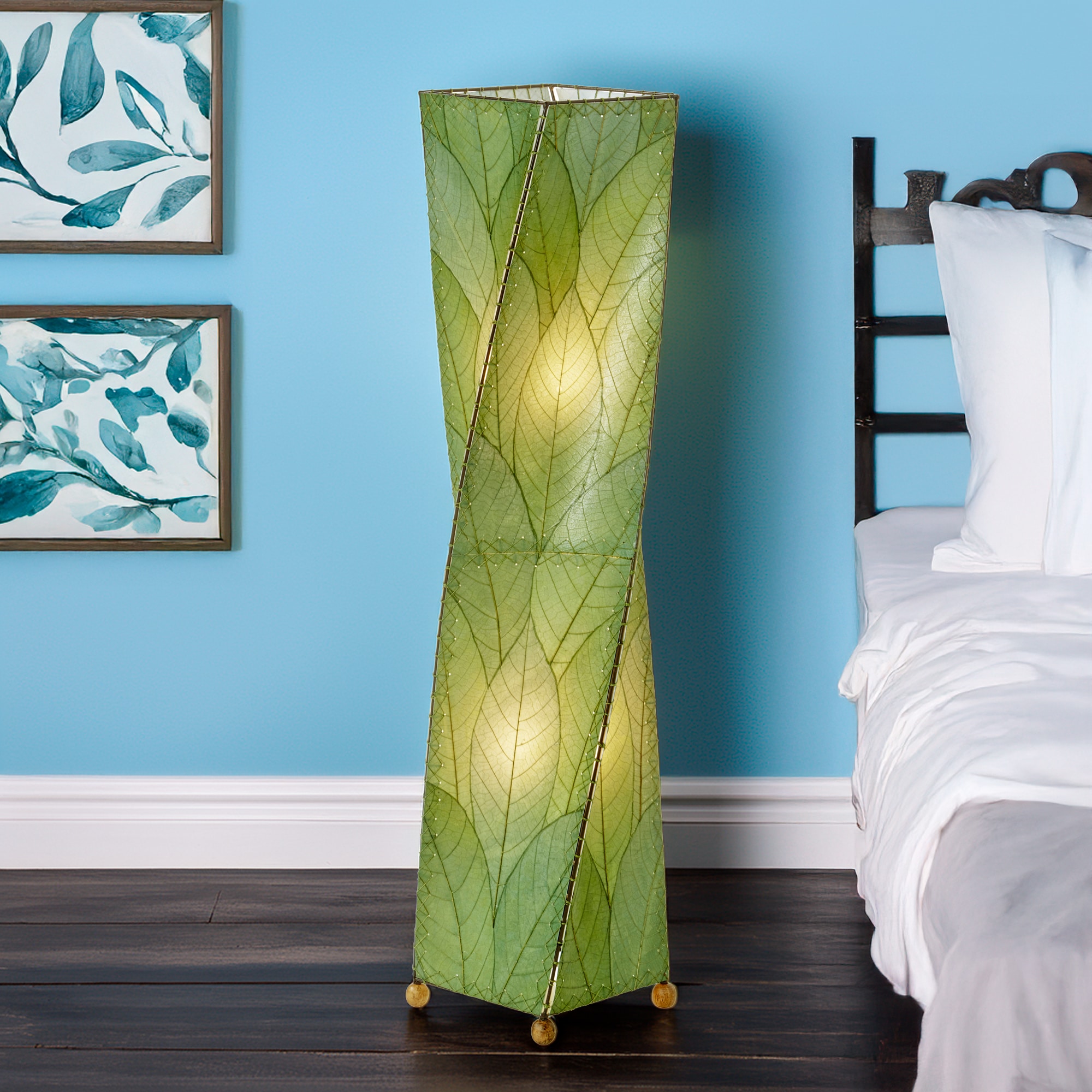 Green Twist Large Floor Lamp by Eangee Home Design - tall twisted box lamp in leaf green panels and abaca edging; emits soothing organic glow beside the bed.