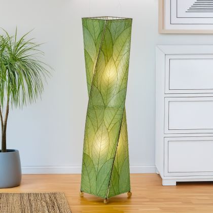 Green Twist Large Floor Lamp by Eangee Home Design - graceful twisting column clad in green fossilized cocoa leaves; hand stitched design diffuses fresh nature inspired light.