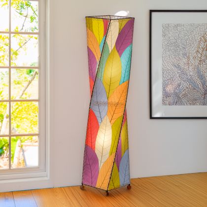 Multicolor Twist Large Floor Lamp by Eangee Home Design - vibrant twisting tower patch worked with colorful cocoa leaves; artisan lamp brightens a wall with playful ambient hues.