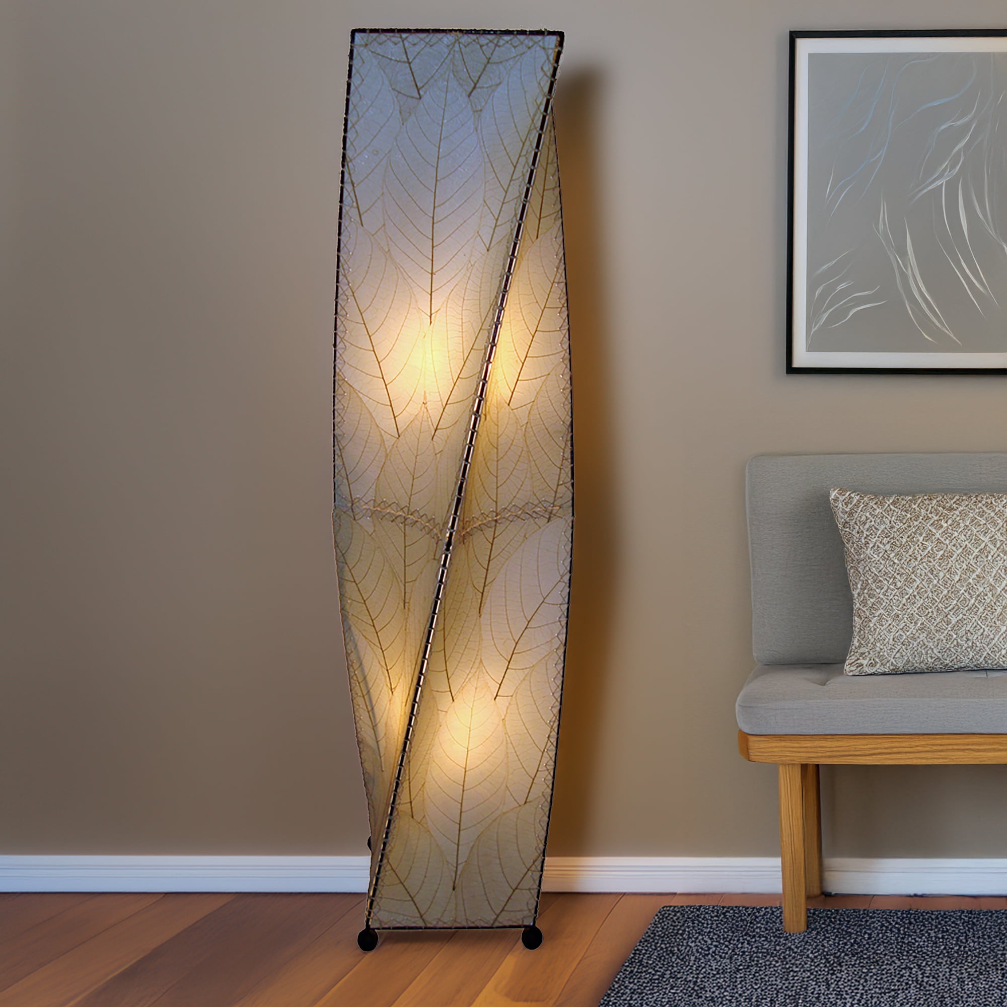 Natural Twist Large Floor Lamp by Eangee Home Design - tall organic twist lamp in parchment leaf panels; hand?crafted piece glows with gentle amber warmth.