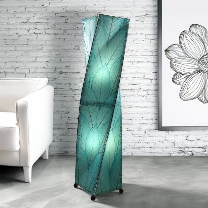 Sea Blue Twist Large Floor Lamp by Eangee Home Design - sculptural curve tower in blue cocoa leaves and abaca; handmade lamp radiates calming coastal light accents.